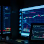 Monitors displaying stock market charts in a dimly lit room, perfect for finance and trading themes.